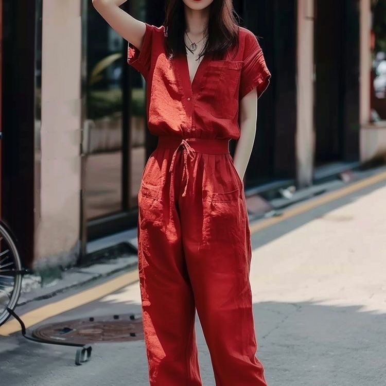 红色连体裤2025夏季新款名媛气质女神范小香风高级感v领连体裤超