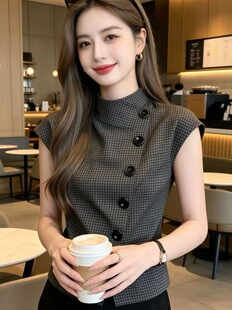 法式复古气质格纹单排扣衬衫女装2026夏季新款时髦小众御姐风上衣