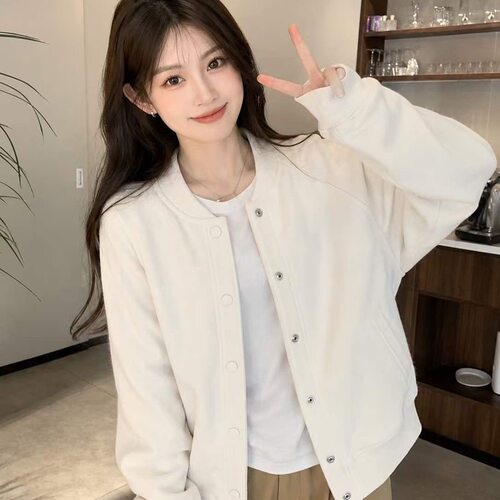 慵懒风黑色插肩袖棒球服女春秋款宽松显瘦单排扣卫衣开衫休闲上衣