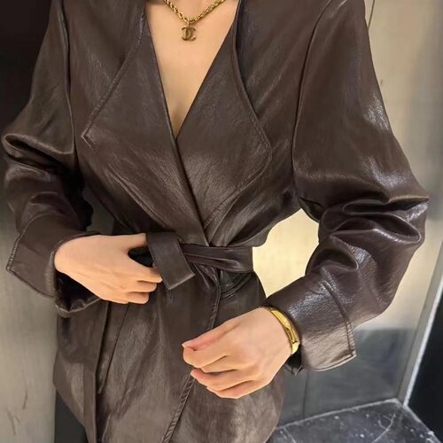 欧洲站高级感穿宽松绑带纯色长袖皮质外套女2025秋季新款小众上衣