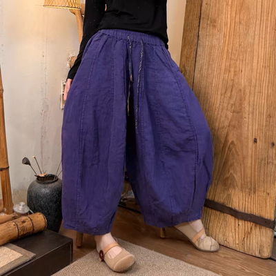 花楼出品2025夏季新款休闲百搭简约风高定重工拼接砂洗亚麻灯笼裤