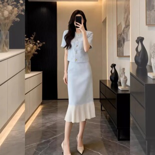 法式小香风套装裙女夏季新款名媛风蓝色短袖上衣百褶半身裙两件套