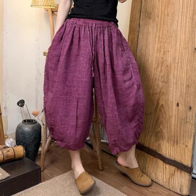 花楼出品2025夏季新款复古休闲百搭色织炒色做旧苎麻八分哈伦裤女