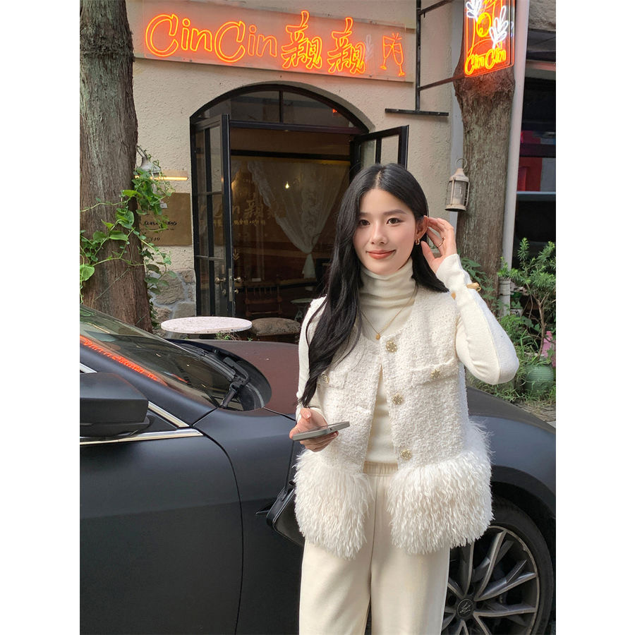 法式小香风环拼接保皮草马甲女百搭2024秋冬季新款坎肩背心外套潮