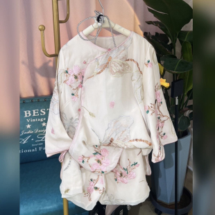 夏季薄款暮云纱刺绣套装粉色绣花两件套国风斜襟盘扣上衣短裤轻奢