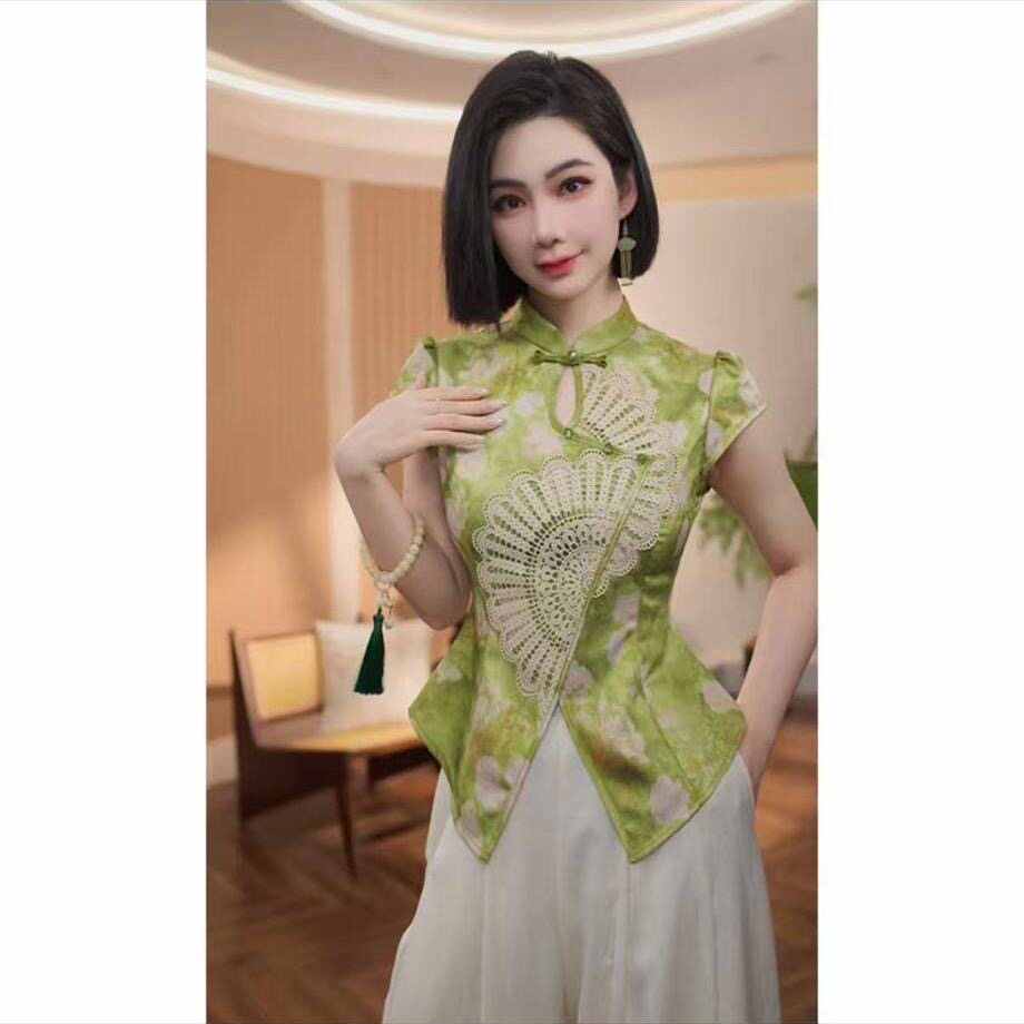 新中式女装绿色盘扣印花旗袍上衣夏季高端大气上档次气质国风小衫图片