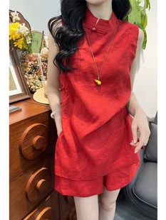 国风亚麻复古盘扣无袖上衣阔腿短裤两件套夏季新款气质显瘦套装女