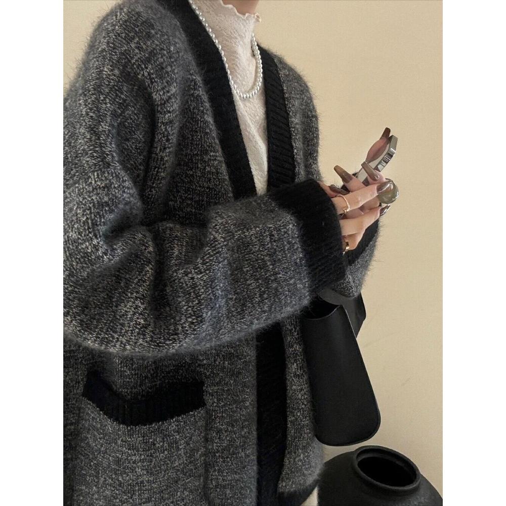 MONLOUVE老钱风深灰色混织V领大毛衣开衫慵懒高级感宽松针织外套2