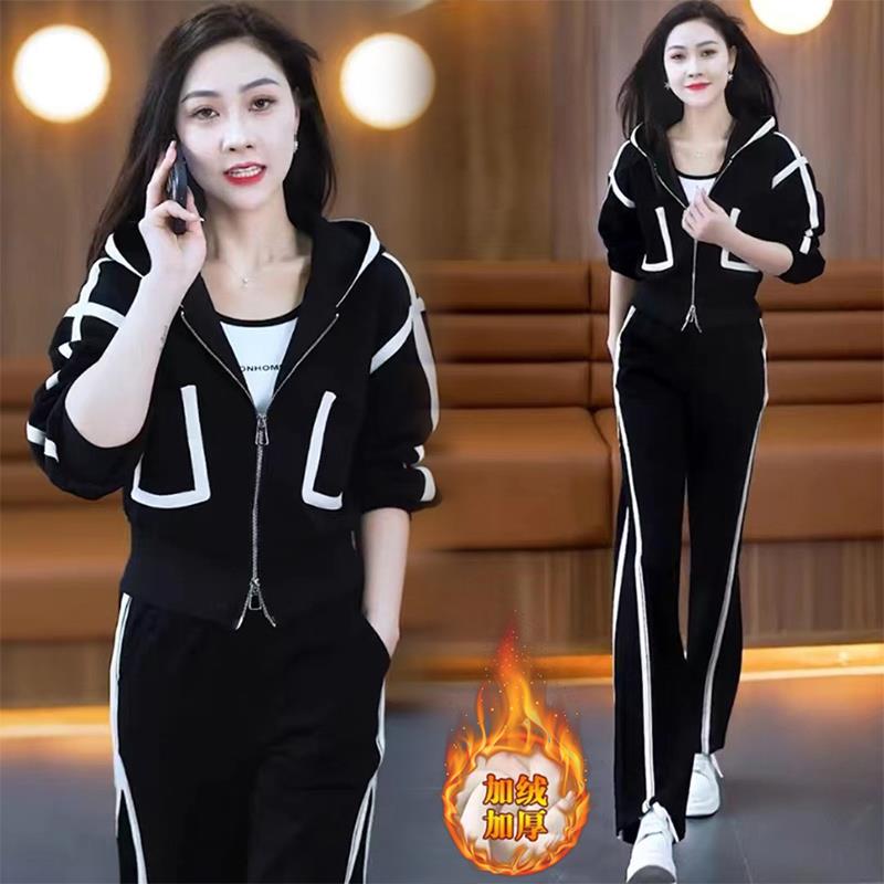 MONLOUVE欧货休闲运动服套装女装2025冬季新款加绒加厚时尚遮肉显