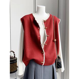 MONLOUVE女士文艺纯色开衫毛线马甲春秋宽松叠背心穿圆领牛角木扣