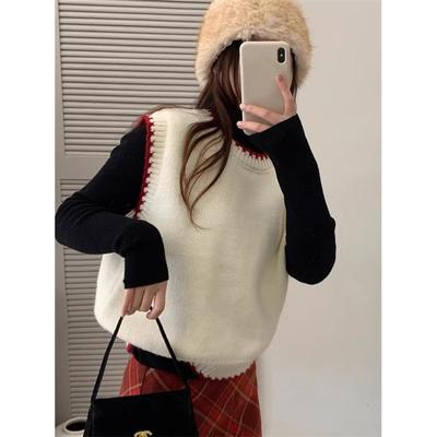 MONLOUVE圆领短款韩系温柔针织马甲女2025秋季设计感撞色叠穿内搭