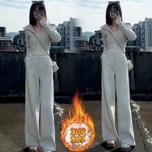 MONLOUVE欧货女2025年秋冬新款休闲通勤风加绒加厚卫衣套装直筒裤