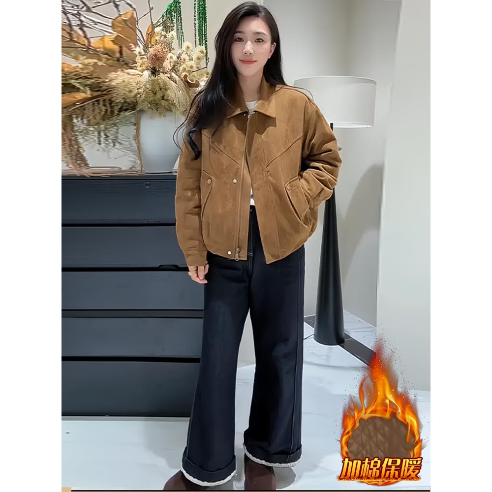 MONLOUVE韩版时尚设计感毛领短外套女2025年冬季新款宽松加绒衣加