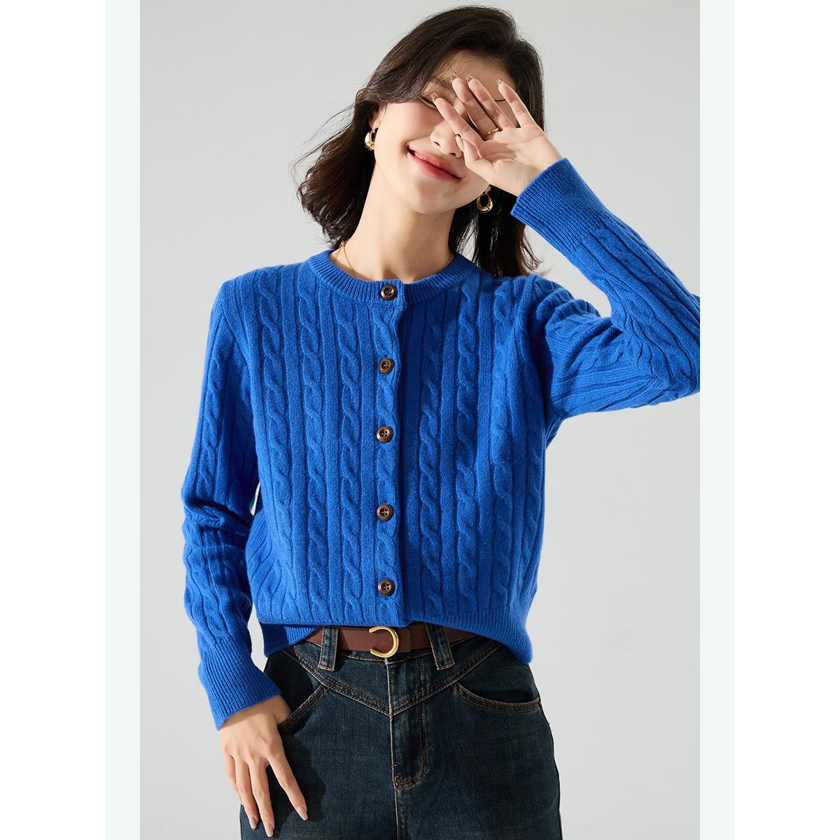 MONLOUVE克莱因蓝针织毛衣开衫女2025秋季红色毛衫打底蓝色圆领洋