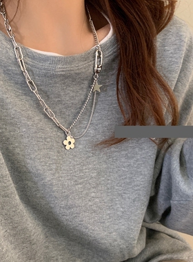 花朵双层叠戴项链女钛钢不掉色毛衣链甜酷辣妹风t恤链条挂脖配饰