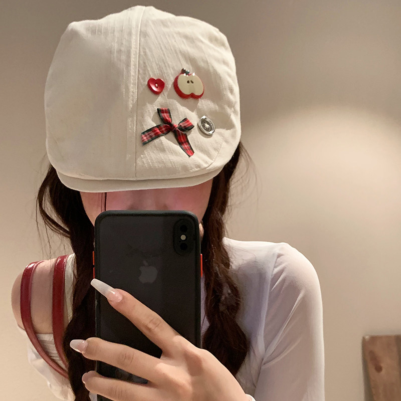 可爱蝴蝶结苹果白色前进帽女复古大头围鸭舌贝雷帽百搭显脸小帽子