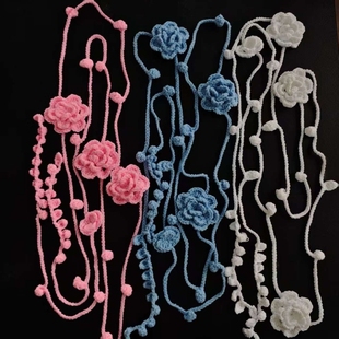 钩织小香风玫瑰花腰绳针织细长条腰带女配裙子腰链配饰颈链多巴胺