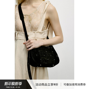 VINZOO 小号黑色压花马毛皮拼接原创单肩斜跨包