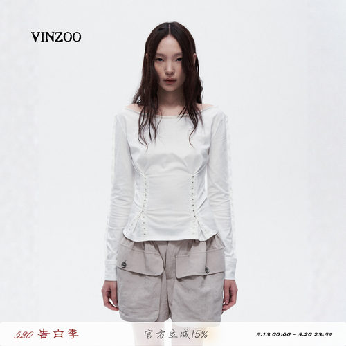 VINZOO纯棉一字肩钩扣设计感长袖