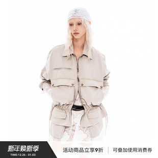 VINZOO 夹克外套女 浅卡其水洗做旧复古翻领低腰流浪感阔型工装