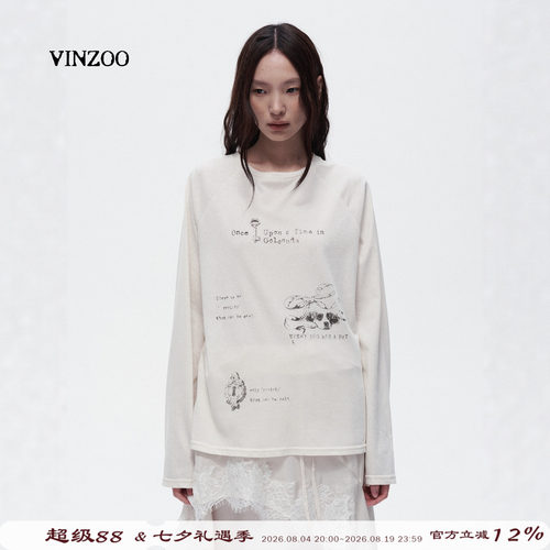 VINZOO复古做旧印花插肩袖T恤