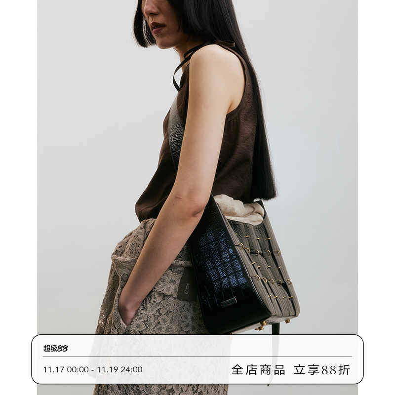 VINZOO - 中号深咖色牛皮拼接原创百搭单肩腋下斜挎包女新款