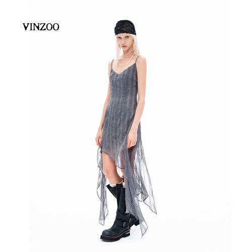 VINZOO烟灰格子不规则吊带裙