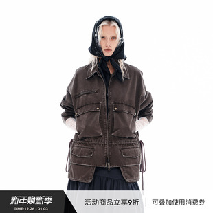 VINZOO 夹克外套女 深咖色水洗做旧复古翻领低腰流浪感阔型工装