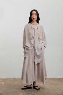 蕾丝双层空气裙裤 衬衫 女 原创灰粉色绑带褶皱宽松长袖 VINZOO