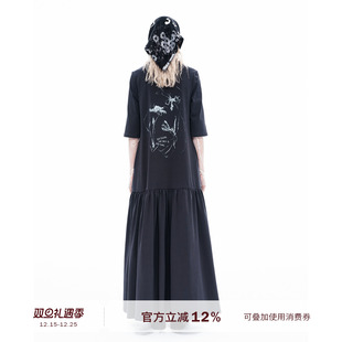 VINZOO T恤裙女拼接大摆连衣裙 深烟灰原创印花运动感拉链长款