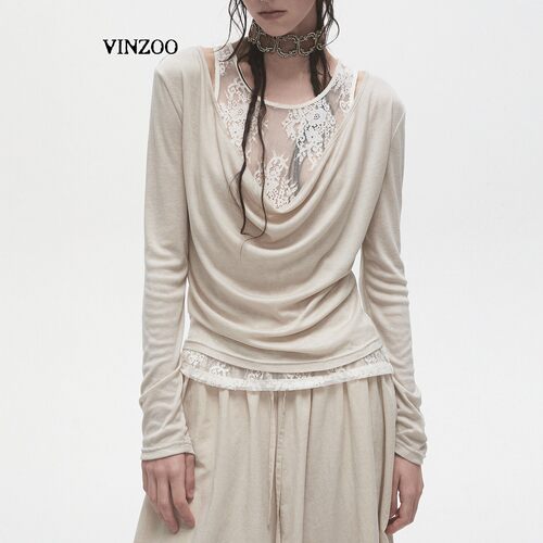 VINZOO法式蕾丝荡领长袖两件套