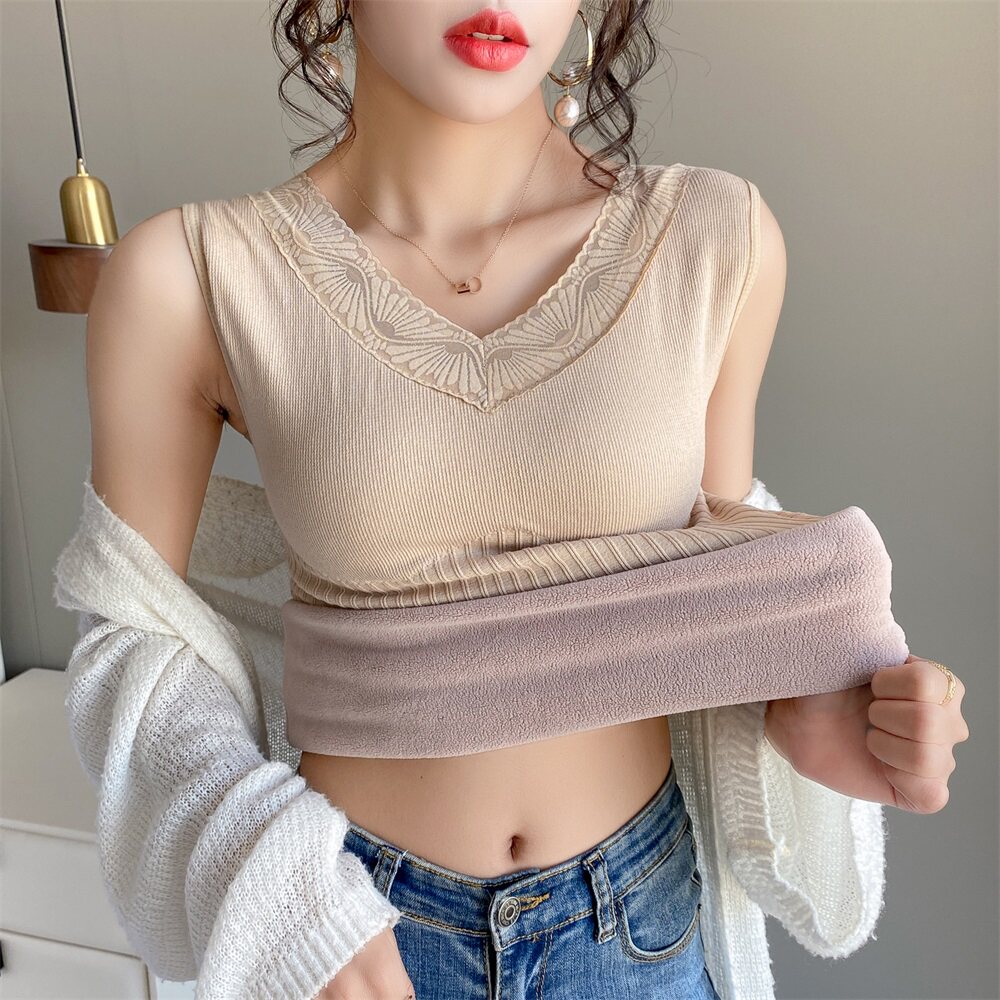 加肥加大码保暖背心女带胸垫冬季加绒加厚防寒发热内搭上衣打底衫