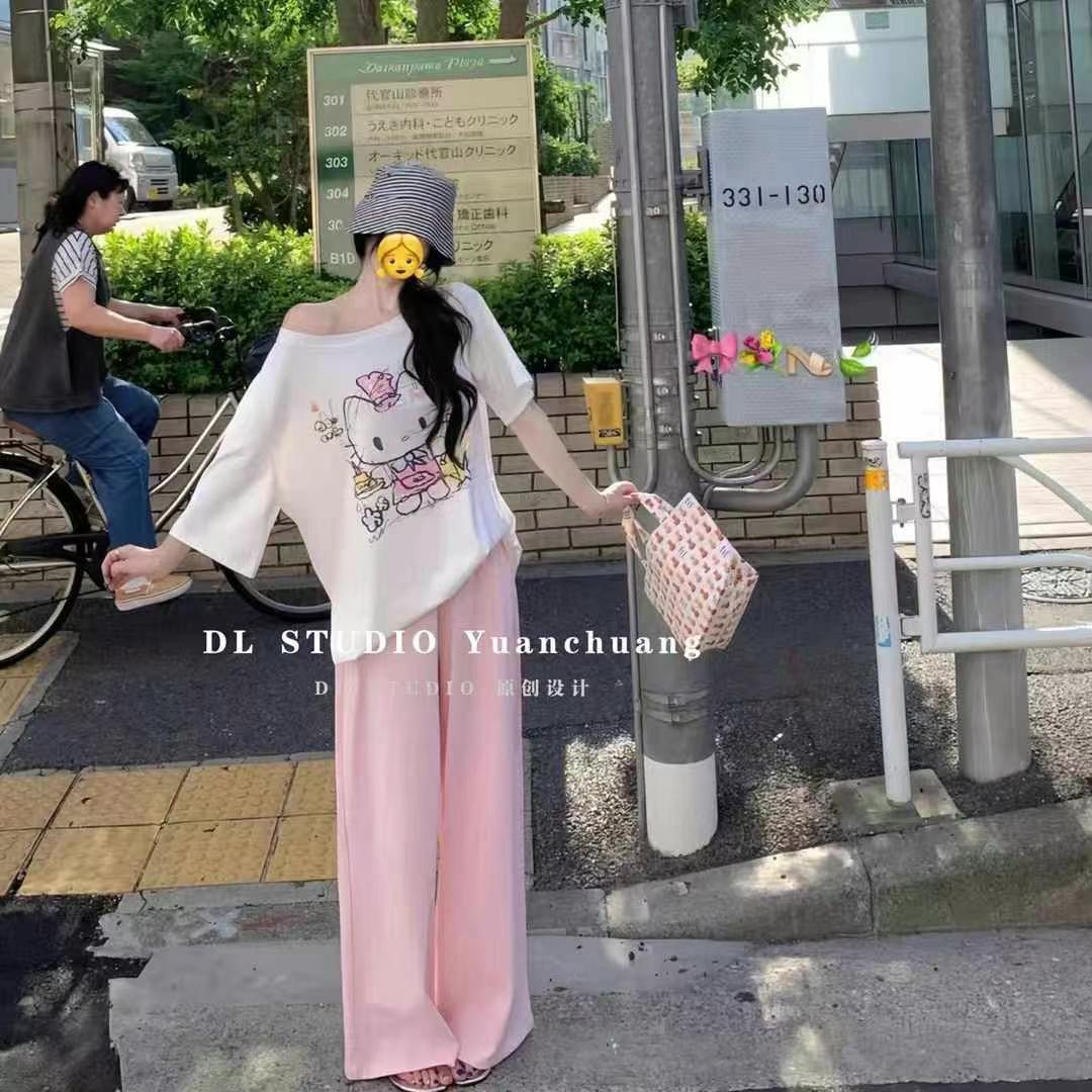 DL2025设计感小众法式卡通印花短袖T恤+裤子气质减龄百搭套装女潮