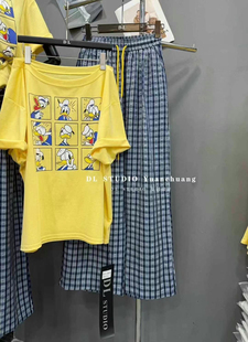 套装 高腰显瘦直筒裤 T恤 DL十三行2025欧货卡通唐老鸭露肩印花短袖