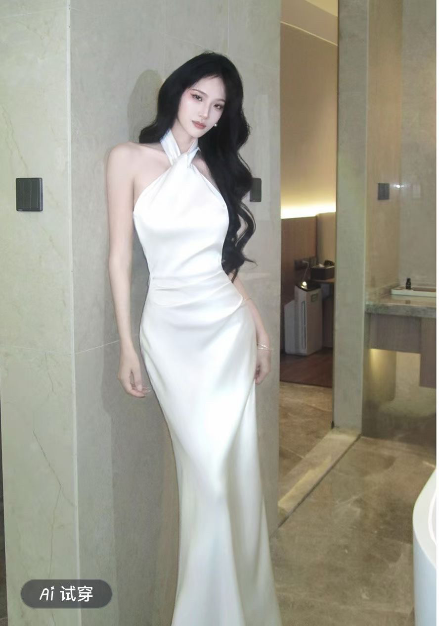 十三行2026醋酸面料时尚挂脖连衣裙女宽松休闲百搭长袖打底上衣潮