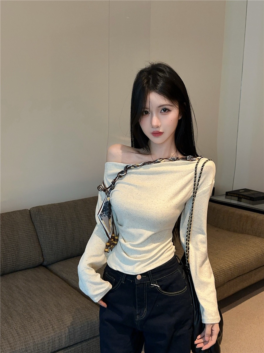 ANAN家复古时尚设计感小众长袖T恤一字肩修身显瘦百搭打底上衣女