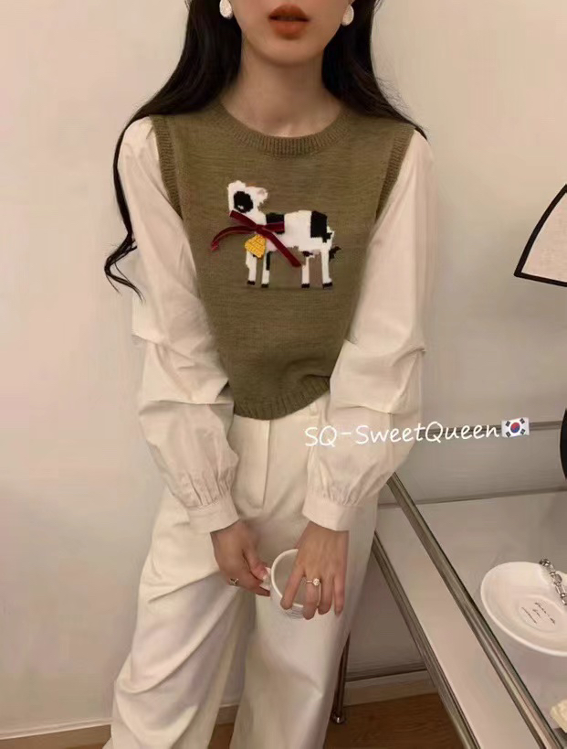 SQ2025早秋新款法式复古卡通刺绣针织衬衫女式修身显瘦百搭上衣潮