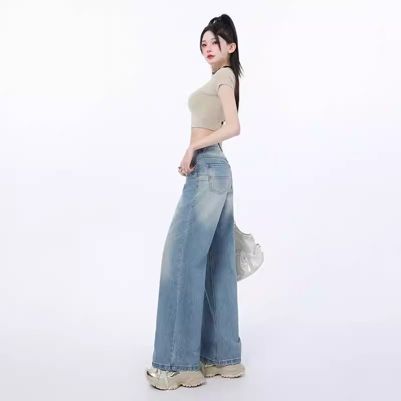 浅色复古水洗直筒牛仔裤女年春季刺绣高腰宽松垂感阔腿裤