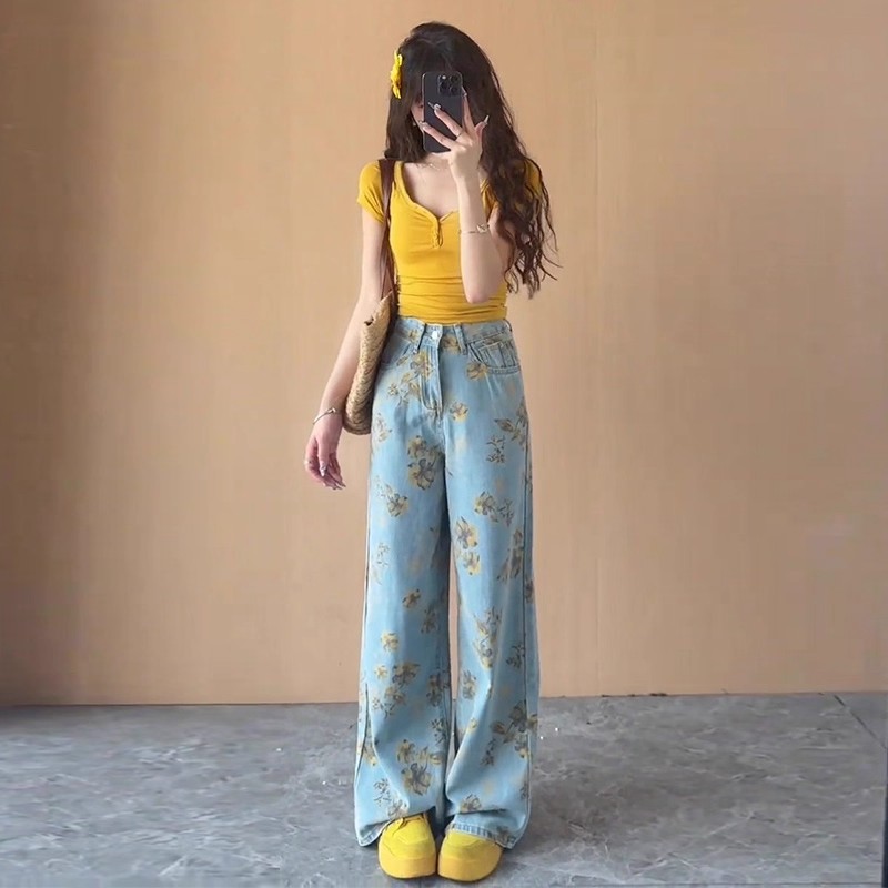 冰丝印花阔腿牛仔裤女夏2025新款夏季薄款今年流行的爆款弯刀裤子