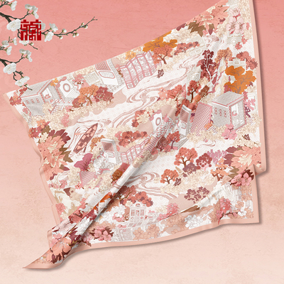 广东省博物馆潮州木雕春色如许大方巾真丝方巾桑蚕丝围巾长辈礼物