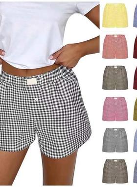 2024 New Women's High Waist Loose Wide Leg Checkered Sho