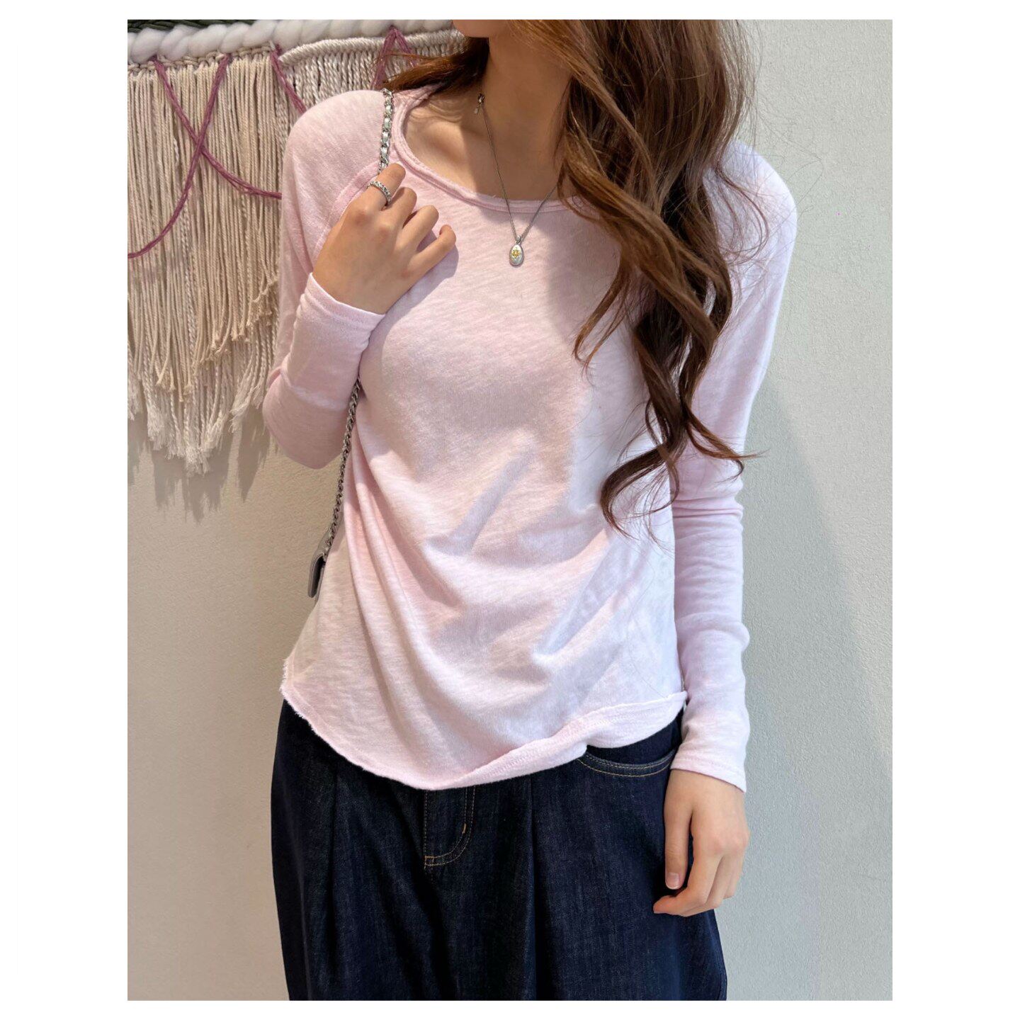 女士纯棉纯色长袖t恤上衣衫av同款宽松显瘦透气竹节棉薄款内搭