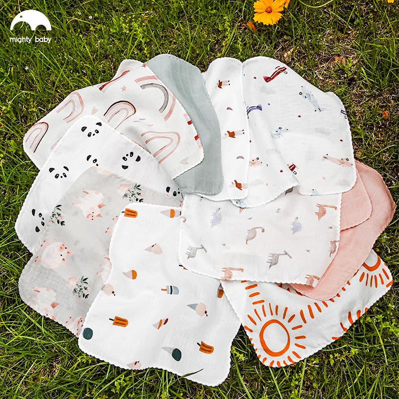 MIGHTYBABY婴儿小方巾新生儿喂奶洗脸巾竹棉纱布口水巾4条装毛巾