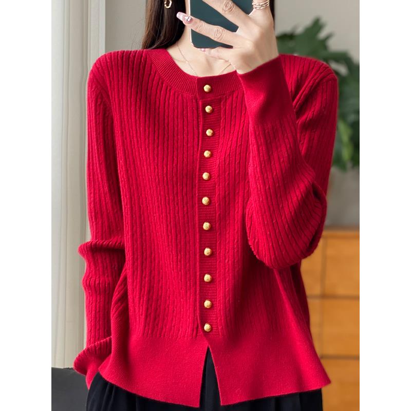 MONLOUVE2025新款圆领针织开衫女毛衣外套宽松显瘦百搭上衣麻花针