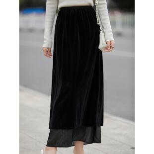 MONLOUVE赫本风覆古秋冬高级感金丝绒半身裙黑色垂感好的半裙A字