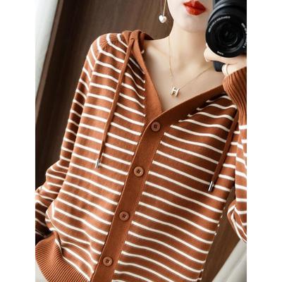 MONLOUVE高级感连帽针织开衫女春秋冬宽松慵懒风外搭上衣薄款条纹