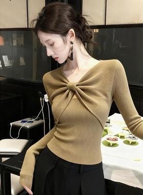 MONLOUVE秋冬覆古辣妹扭结毛衣针织打底衫女内搭设计感卡其色修身