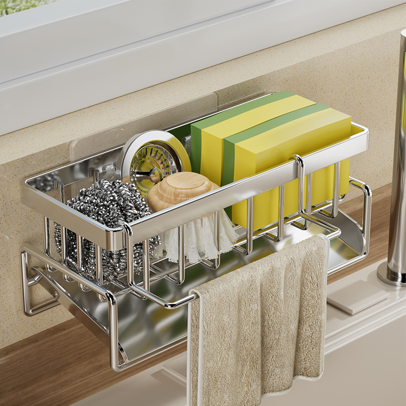 304不锈钢厨房置物架抹布架收纳沥水架钢丝球水池水龙头水槽神器
