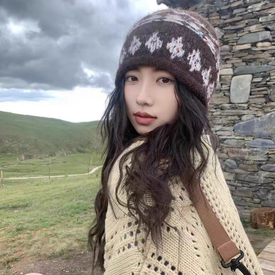 含羊毛提花卷边费尔岛针织帽女秋冬保暖毛线冷帽Double inin