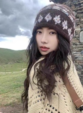 含羊毛提花卷边费尔岛针织帽女秋冬保暖毛线冷帽Double inin